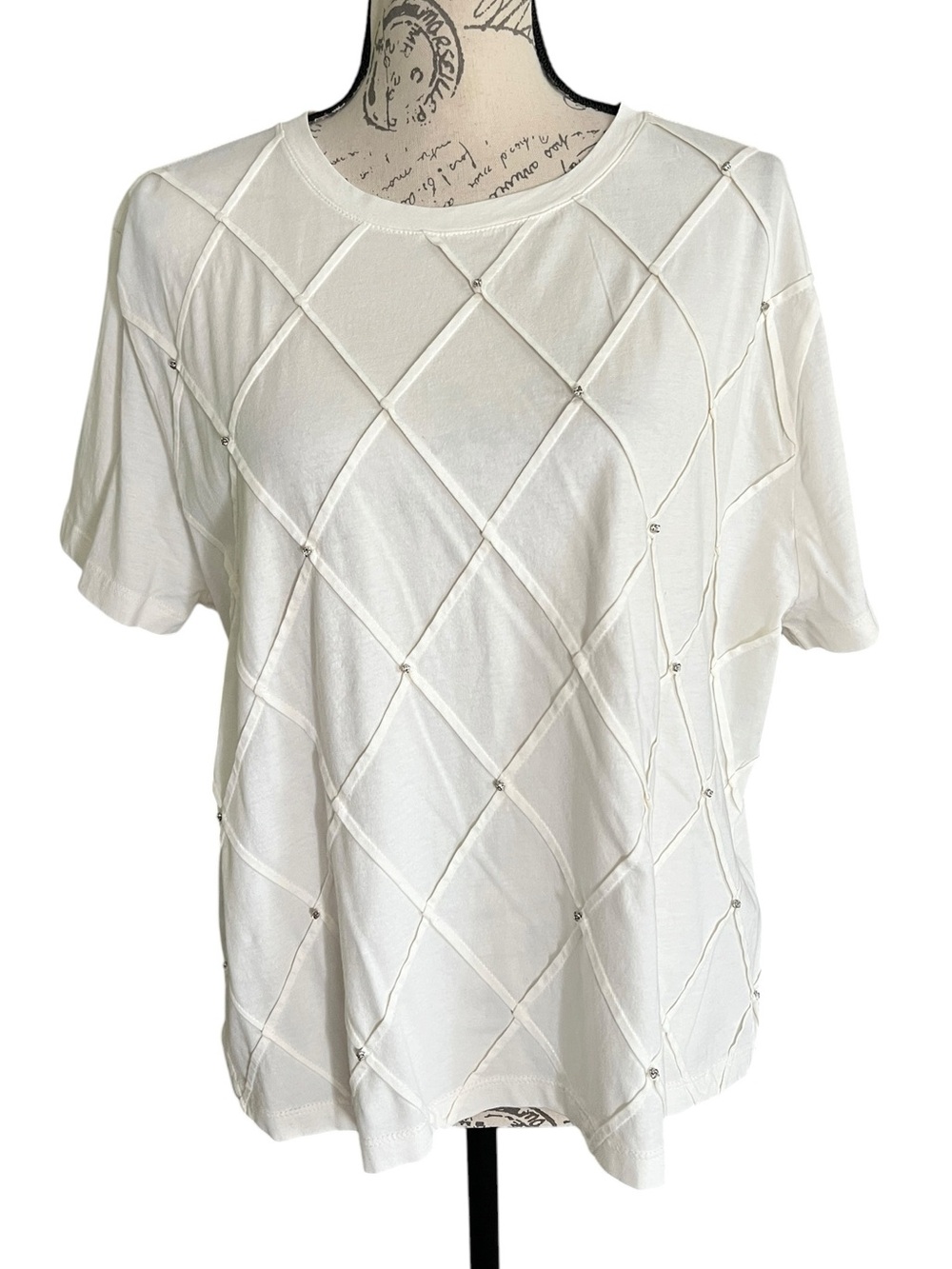 J. Crew Factory Cream Short-Sleeve Beaded Diamond Knit Top